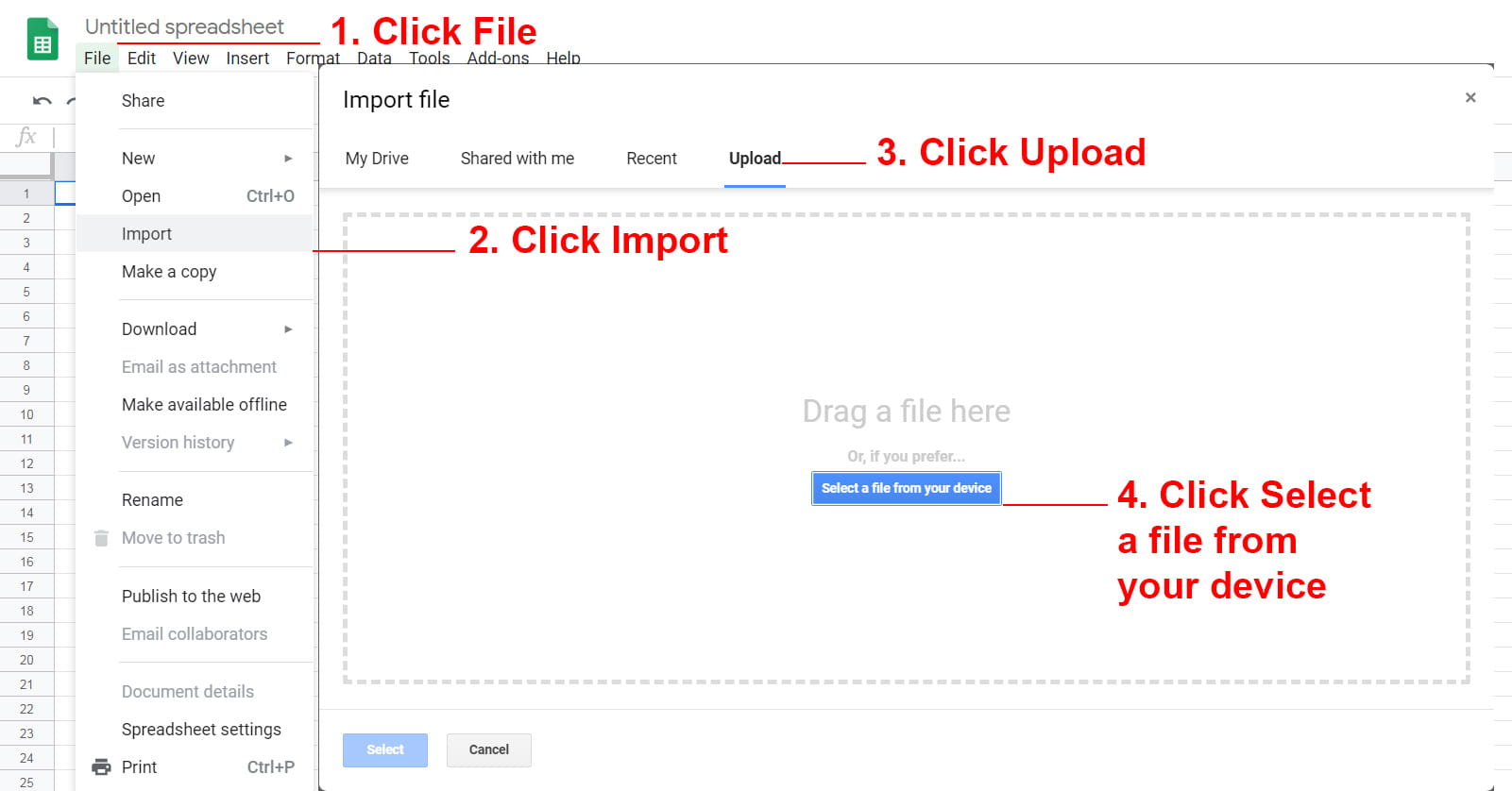Google Sheets - Click File, Import, and Upload