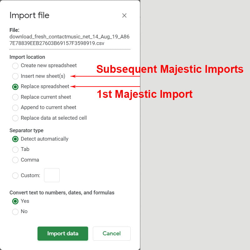 Google Sheets Import Settings for Majestic Link Reports