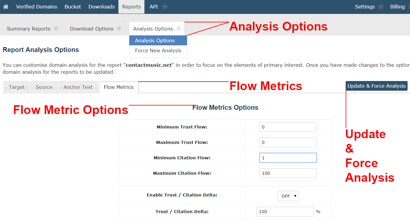 Screenshot showing the Majestic Link Report Analysis Options